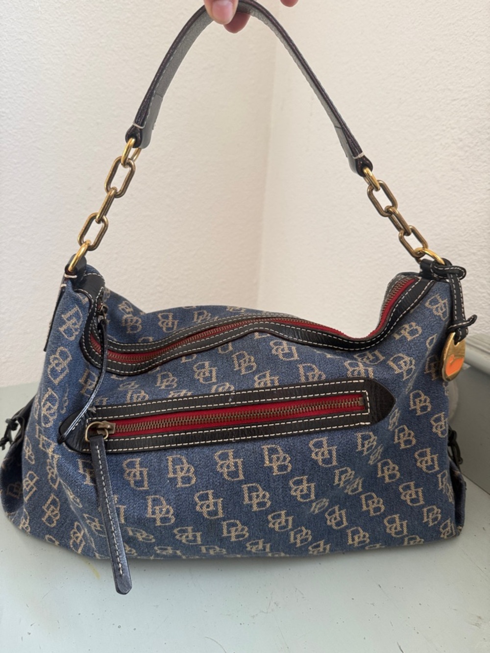 Dooney & Bourke Denim Logo Brocade Shoulder Bag black leather trim Y2K Monogram